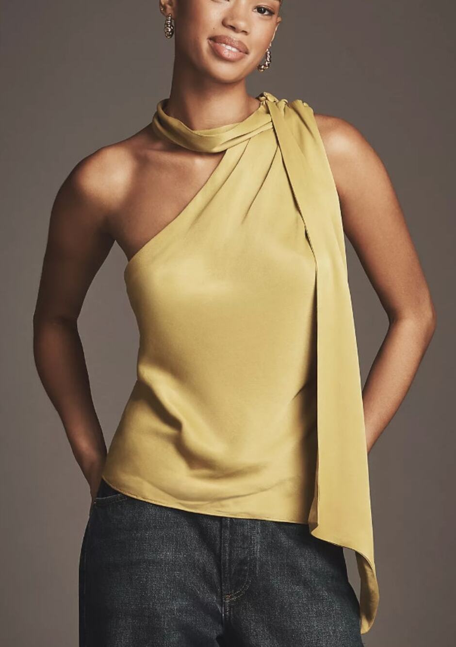 By Anthropologie Olive Green One-Shoulder Tie-Neck Top XXS